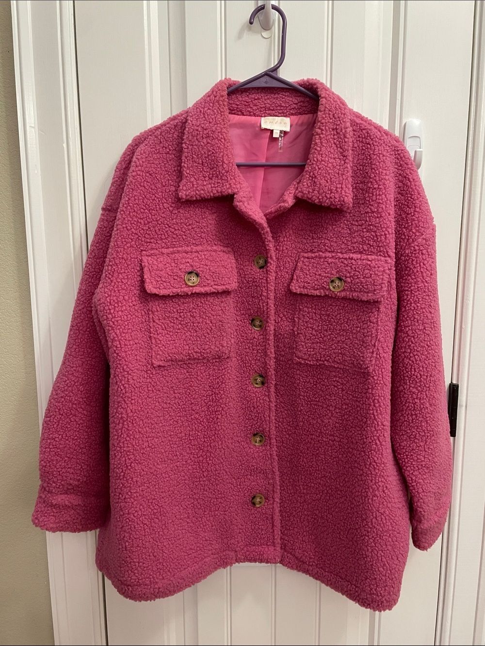 entro Rose-Pink Oversized Teddy Sherpa Button-Up Jacket